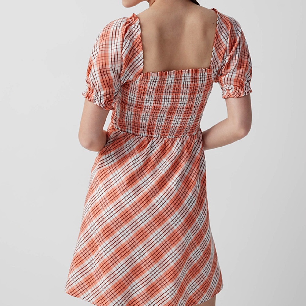 Check pink coral and white smocked puff sleeve square neck peasant dress NWT - Picture 2 of 12